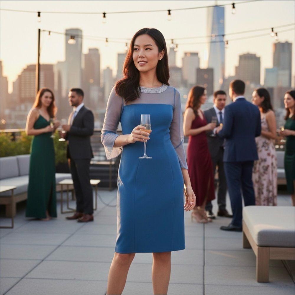 🟢 Alex Evenings Wedgewood Blue Sheath Illusion Dress